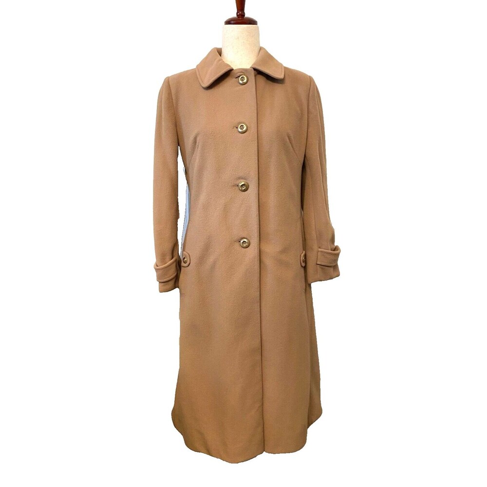 VTG Women's M Australian Wool Long Coat Union USA Made Satin Lining Button Camel